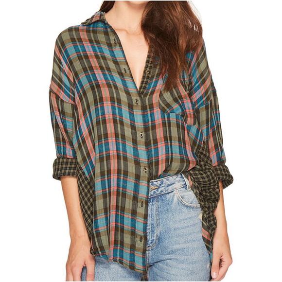 Free People One Of The Guys Plaid Flannel Tunic Shirt,Small,Oversized,Retail$128 - Picture 2 of 10